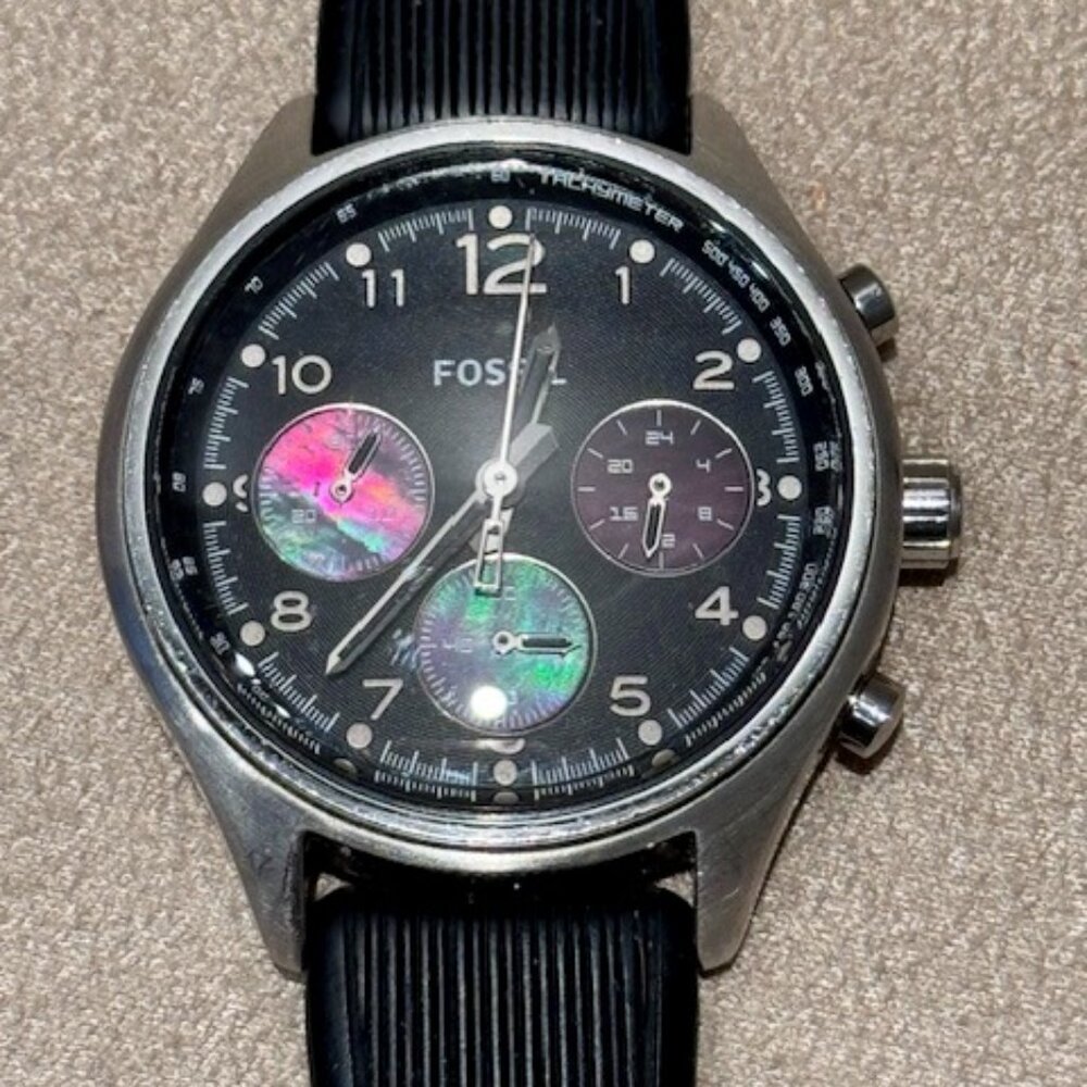 Black Multi-Function Fossil Watch with Black Plastic Band